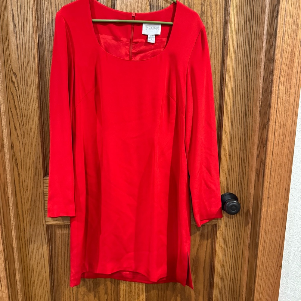 Hugo Buscati 100% Silk Red Long Sleeve Shift Dress – Size 14